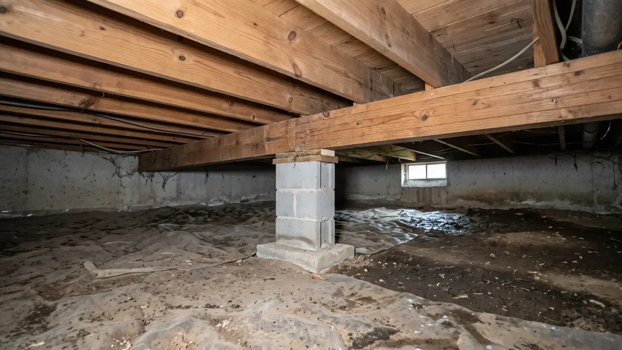 AI-generated educational image of crawl-space timber floor joists and a masonry support pier above damp ground