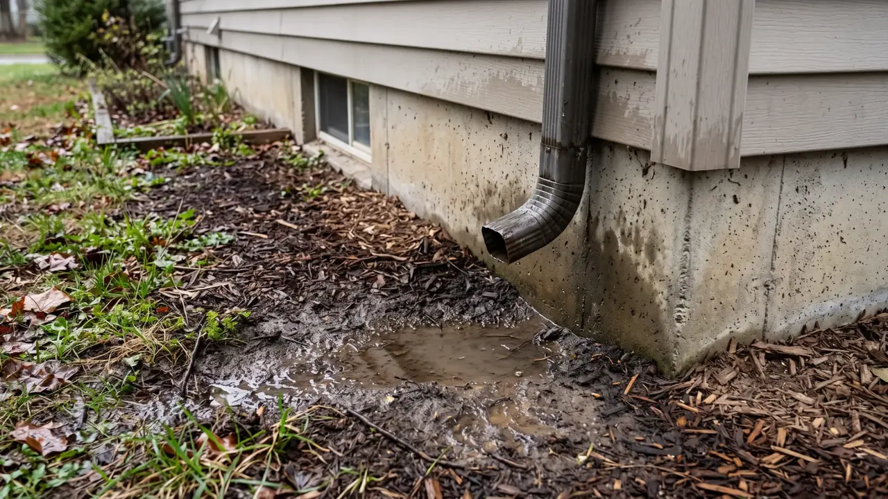 AI-generated illustration of a residential downspout draining next to a foundation wall with damp soil and shallow surface water