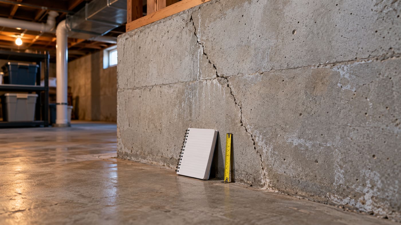 Basement concrete foundation wall showing a crack, with a notebook and measuring tape nearby