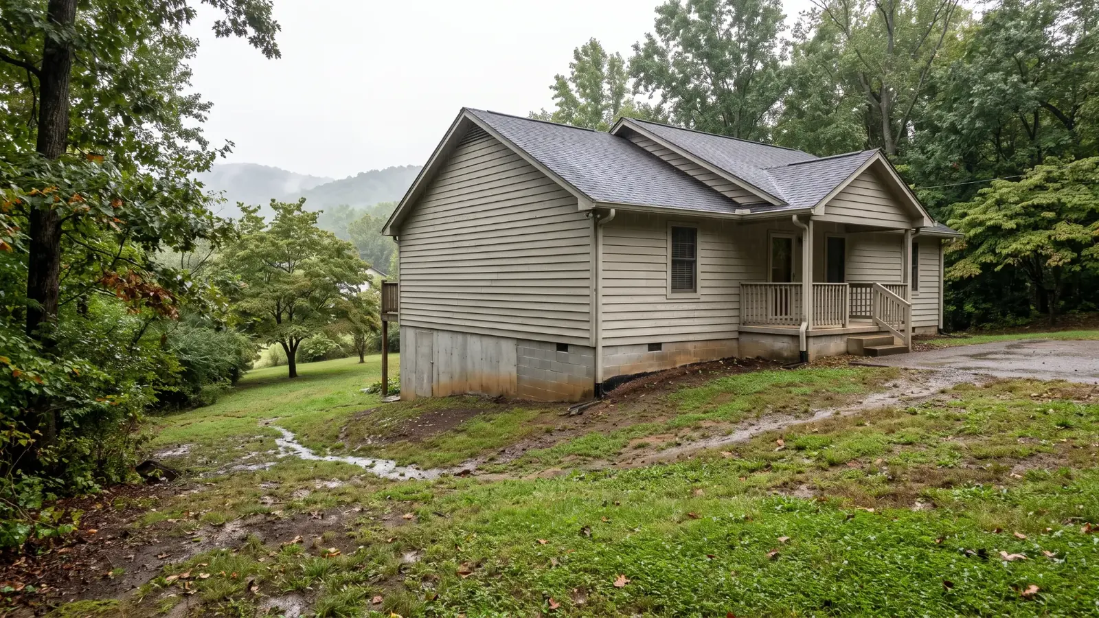 AI-generated illustrative home beside a sloping lawn with damp soil and rainwater runoff near the foundation