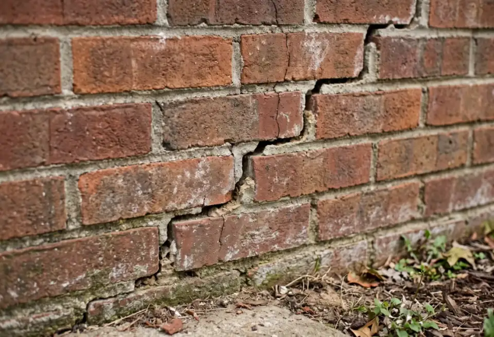 Illustrative close-up of weathered brick masonry with cracks along mortar joints